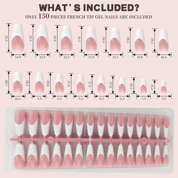 150 Pieces French Tip Long Coffin Nails Pink and White - Picture 2 of 7